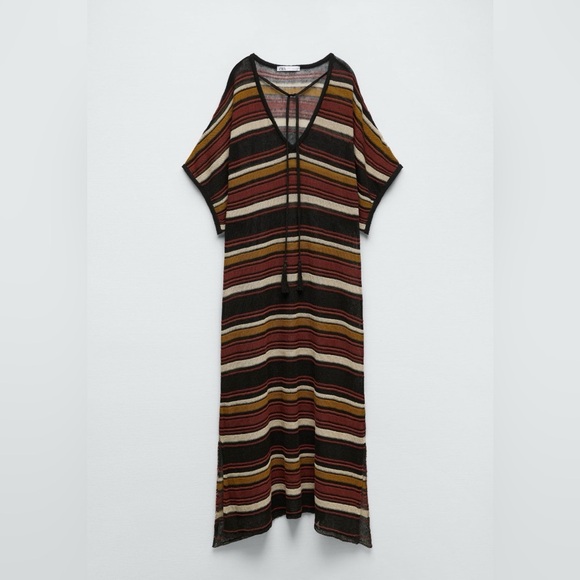 Zara Other - Zara Striped Knit Maxi Cover-Up Dress M/L Red Black Gold Beach Swim Cover Up
